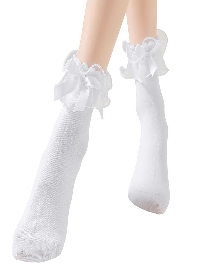 AMHRLINGTO Lace Ruffle Frilly Socks for Women, Comfortable Cotton Cute Lace Ankle Socks with Bow (US, Numeric, 5, 9, Regular, Regular, White-1 Pairs) - Image 1